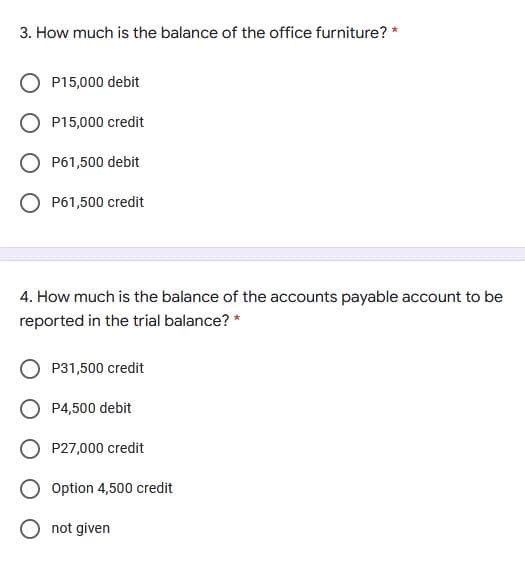 3. How much is the balance of the office furniture? *
P15,000 debit
P15,000 credit
P61,500 debit
O P61,500 credit
4. How much is the balance of the accounts payable account to be
reported in the trial balance? *
P31,500 credit
O P4,500 debit
O P27,000 credit
Option 4,500 credit
O not given
