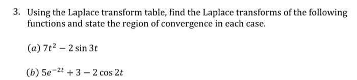 3. Using the Laplace transform table, find the Laplace transforms of the following
functions and state the region of convergence in each case.
(a) 7t² - 2 sin 3t
(b) 5e-2t +3-2 cos 2t