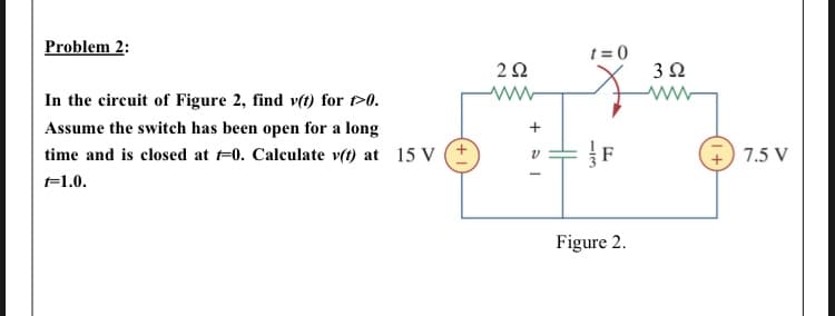 Problem 2:
t = 0
2Ω
In the circuit of Figure 2, find v(t) for t>0.
Assume the switch has been open for a long
time and is closed at =0. Calculate v(t) at 15 v (+
F
7.5 V
=1.0.
Figure 2.
-/3
