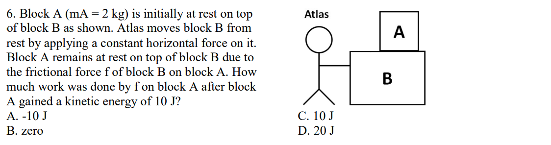 6. Block A (mA = 2 kg) is initially at rest on top
of block B as shown. Atlas moves block B from
rest by applying a constant horizontal force on it.
Block A remains at rest on top of block B due to
the frictional force f of block B on block A. How
much work was done by f on block A after block
A gained a kinetic energy of 10 J?
A. -10 J
B. zero
Atlas
C. 10 J
D. 20 J
A
B