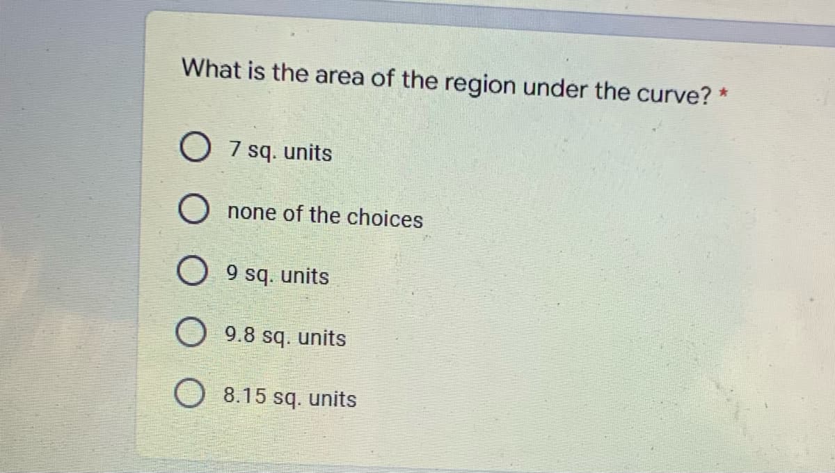 What is the area of the region under the curve? *
O 7 sq. units
O none of the choices
O 9 sq. units
9.8 sq. units
8.15 sq. units