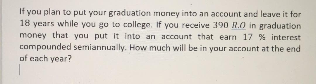 If you plan to put your graduation money into an account and leave it for
18 years while you go to college. If you receive 390 R.0 in graduation
money that you put it into an account that earn 17 % interest
compounded semiannually. How much will be in your account at the end
of each year?
