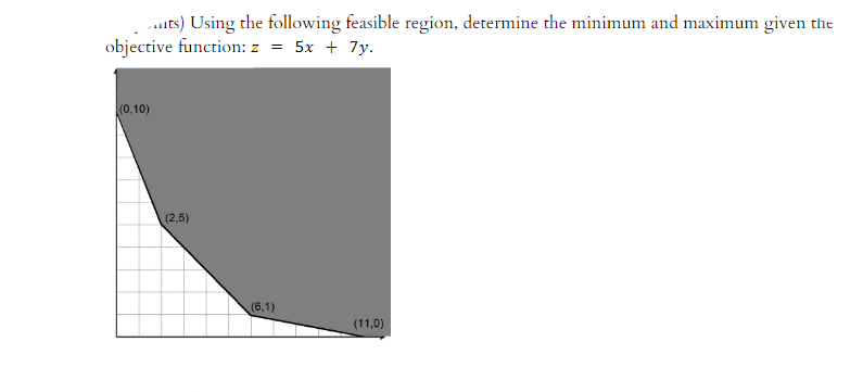 S) Using the following feasible region, determine the minimum and maximum given the
objective function: z = 5x + 7y.
(0,10)
(2,5)
(6,1)
(11,0)
