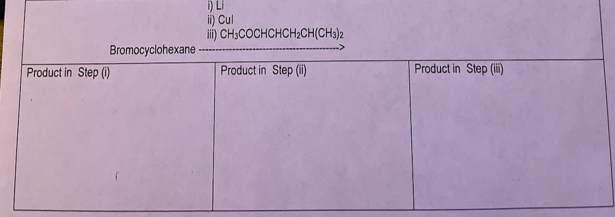 Bromocyclohexane
Product in Step (i)
i) Li
ii) Cul
iii) CH3COCHCHCH2CH(CH3)2
Product in Step (ii)
Product in Step (iii)