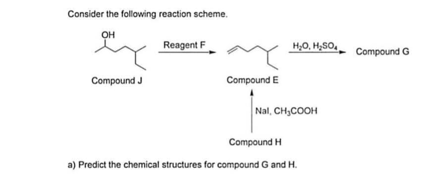 Consider the following reaction scheme.
OH
Reagent F
H2O, H2SO,
Compound G
Compound J
Compound E
Nal, CH3COOH
Compound H
a) Predict the chemical structures for compound G and H.
