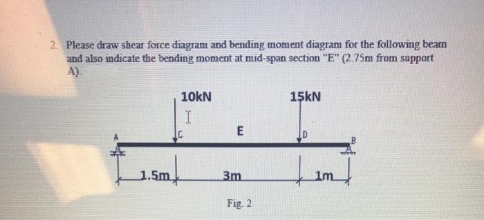 2. Please draw shear force diagranı and bending moment diagram for the following beam
and also indicate the bending moment at mid-span section "E" (2.75m from support
A).
10kN
15KN
ID
1.5m
3m
1m
Fig. 2
