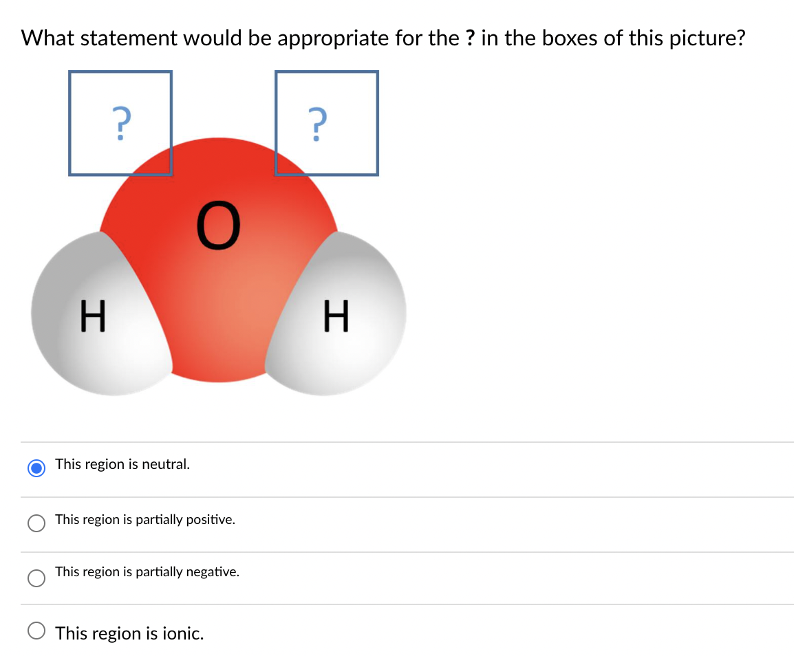 What statement would be appropriate for the ? in the boxes of this picture?
?
H.
This region is neutral.
This region is partially positive.
This region is partially negative.
This region is ionic.
