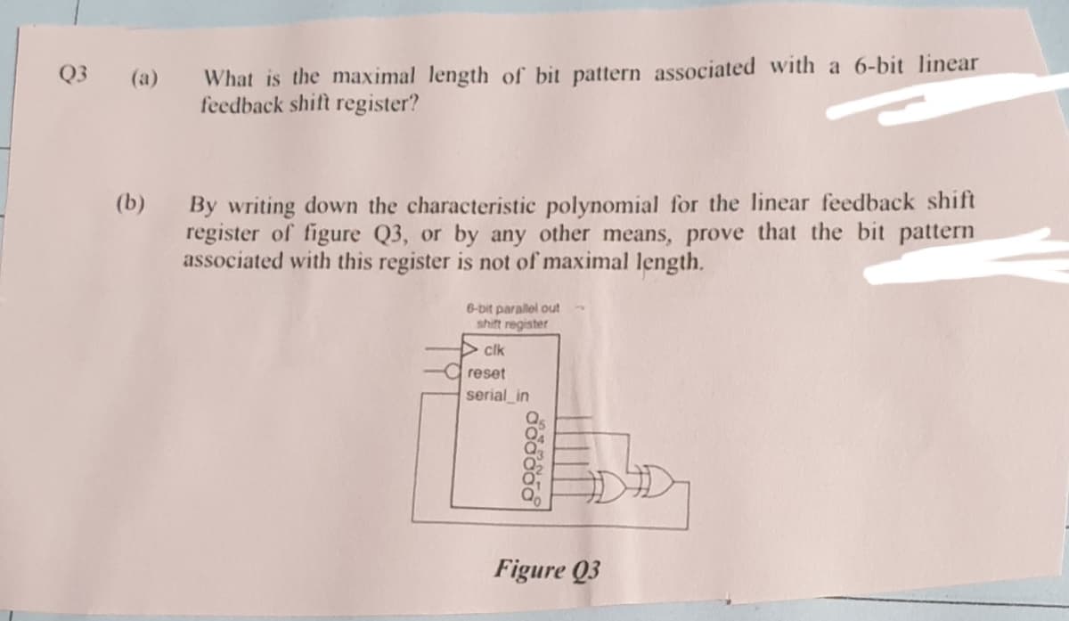 What is the maximal length of bit pattern associated with a 6-bit linear
feedback shift register?
Q3
(а)
By writing down the characteristic polynomial for the linear feedback shift
register of figure Q3, or by any other means, prove that the bit pattern
associated with this register is not of maximal length.
(b)
6-bit parallel out
shift register
clk
reset
serial in
Figure Q3
