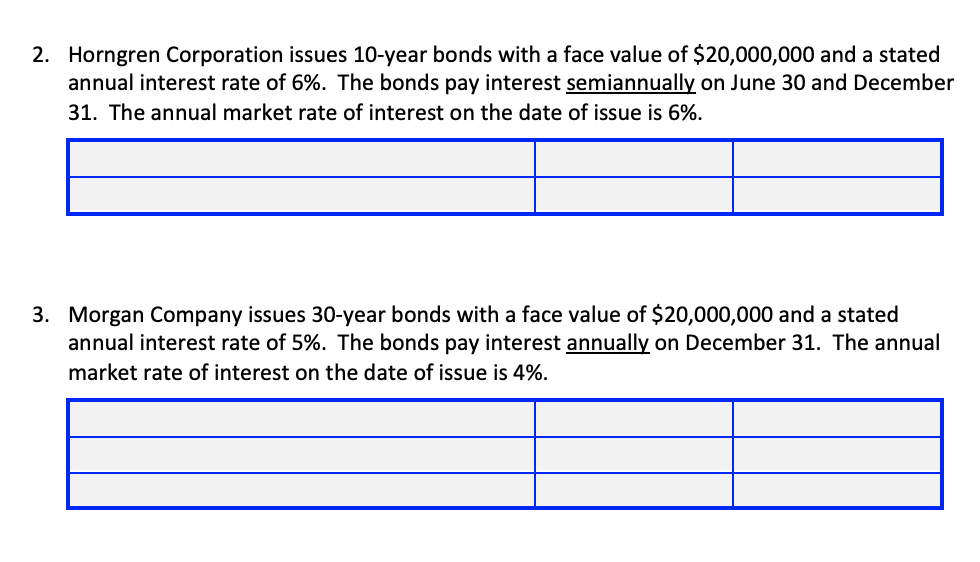 2. Horngren Corporation issues 10-year bonds with a face value of $20,000,000 and a stated
annual interest rate of 6%. The bonds pay interest semiannually on June 30 and December
31. The annual market rate of interest on the date of issue is 6%.
3. Morgan Company issues 30-year bonds with a face value of $20,000,000 and a stated
annual interest rate of 5%. The bonds pay interest annually on December 31. The annual
market rate of interest on the date of issue is 4%.
