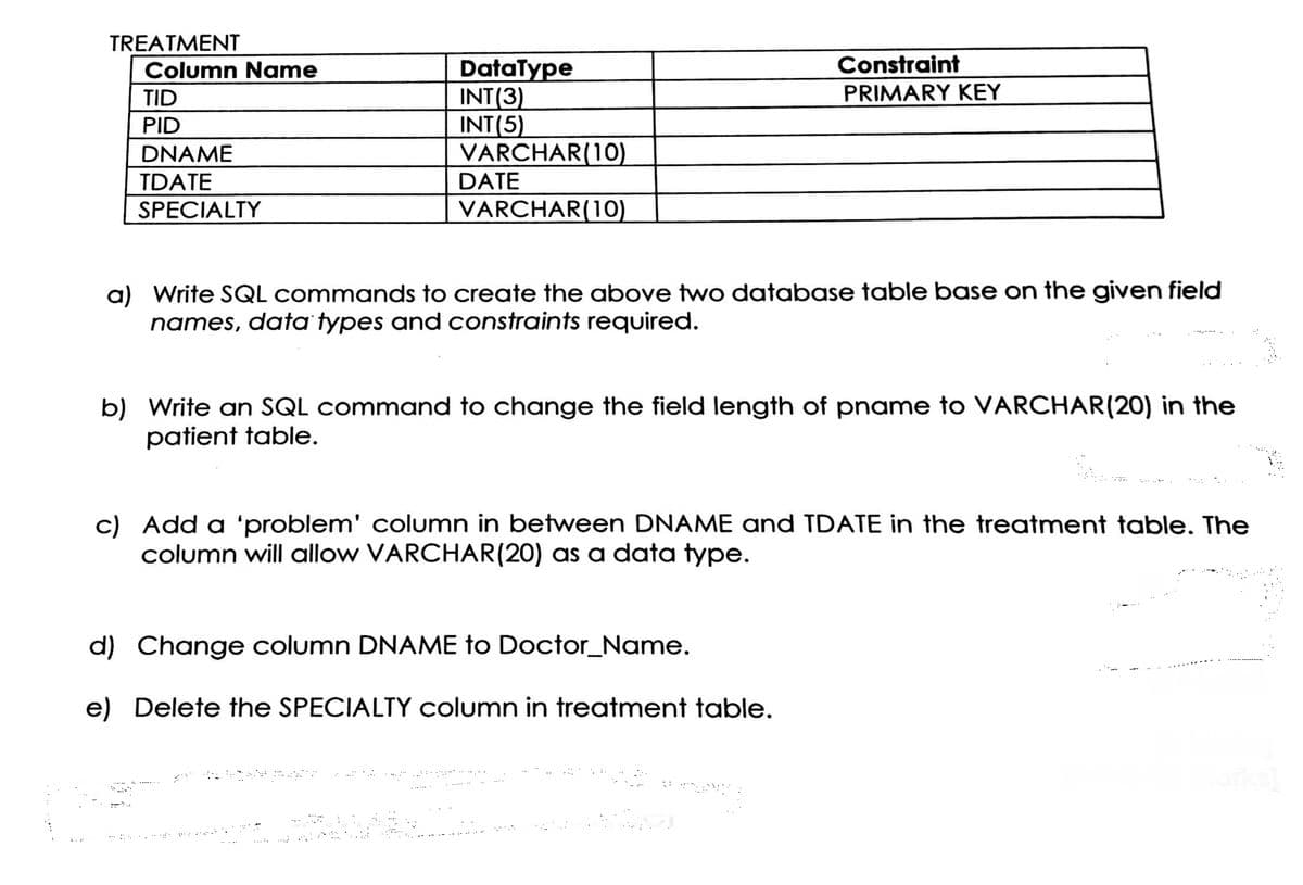 TREATMENT
Column Name
TID
PID
DNAME
TDATE
SPECIALTY
DataType
INT(3)
INT(5)
VARCHAR(10)
VARCHAR(10)
DATE
Constraint
PRIMARY KEY
a) Write SQL commands to create the above two database table base on the given field
names, data types and constraints required.
b) Write an SQL command to change the field length of pname to VARCHAR(20) in the
patient table.
c) Add a 'problem' column in between DNAME and TDATE in the treatment table. The
column will allow VARCHAR(20) as a data type.
d) Change column DNAME to Doctor_Name.
e) Delete the SPECIALTY column in treatment table.