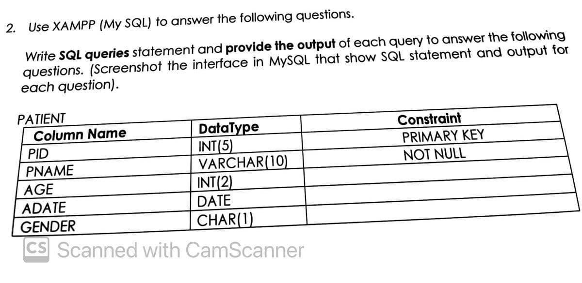 2. Use XAMPP (My SQL) to answer the following questions.
Write SQL queries statement and provide the output of each query to answer the following
questions. (Screenshot the interface in MySQL that show SQL statement and output for
each question).
PATIENT
Column Name
DataType
INT(5)
VARCHAR(10)
PID
PNAME
AGE
ADATE
GENDER
CS Scanned with CamScanner
INT(2)
DATE
CHAR(1)
Constraint
PRIMARY KEY
NOT NULL