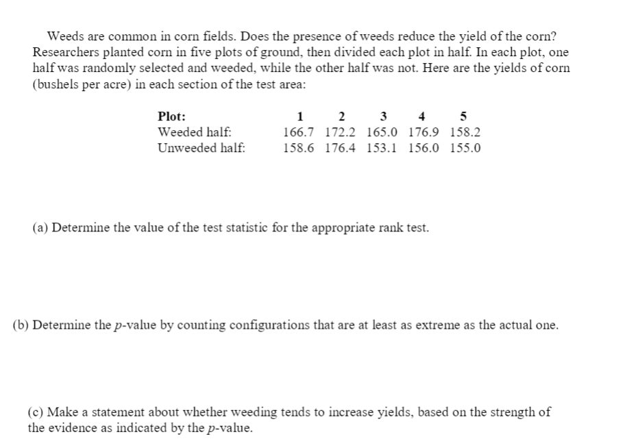 Weeds are common in corn fields. Does the presence ofweeds reduce the yield of the corn?
Researchers planted corn in five plots of ground, then divided each plot in half. In each plot, one
half was randomly selected and weeded, while the other half was not. Here are the yields of corn
(bushels per acre) in each section of the test area:
Plot:
1
2
3
4
5
Weeded half:
166.7 172.2 165.0 176.9 158.2
Unweeded half:
158.6 176.4 153.1 156.0 155.0
(a) Determine the value of the test statistic for the appropriate rank test.
(b) Determine the p-value by counting configurations that are at least as extreme as the actual one.
(c) Make a statement about whether weeding tends to increase yields, based on the strength of
the evidence as indicated by the p-value.
