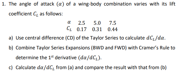 1. The angle of attack (a) of a wing-body combination varies with its lift
coefficient C, as follows:
a
2.5
5.0
7.5
CL 0.17 0.31 0.44
a) Use central difference (CD) of the Taylor Series to calculate dC1/da.
b) Combine Taylor Series Expansions (BWD and FWD) with Cramer's Rule to
determine the 1st derivative (da/dCL).
c) Calculate da/dC, from (a) and compare the result with that from (b)
