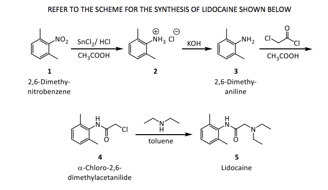 REFER TO THE SCHEME FOR THE SYNTHESIS OF LIDOCAINE SHOWN BELOW
NO2 SnCl,/ HCI
NH3 CI
NH2
Кон
CH,COOH
CH;COOH
1
2
3
2,6-Dimethy-
2,6-Dimethy-
nitrobenzene
aniline
H
toluene
5
a-Chloro-2,6-
Lidocaine
dimethylacetanilide
