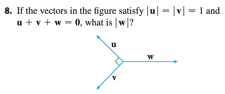 8. If the vectors in the figure satisfy |u| = |v|= 1 and
u + v + w = 0, what is w ?
u
W
V
