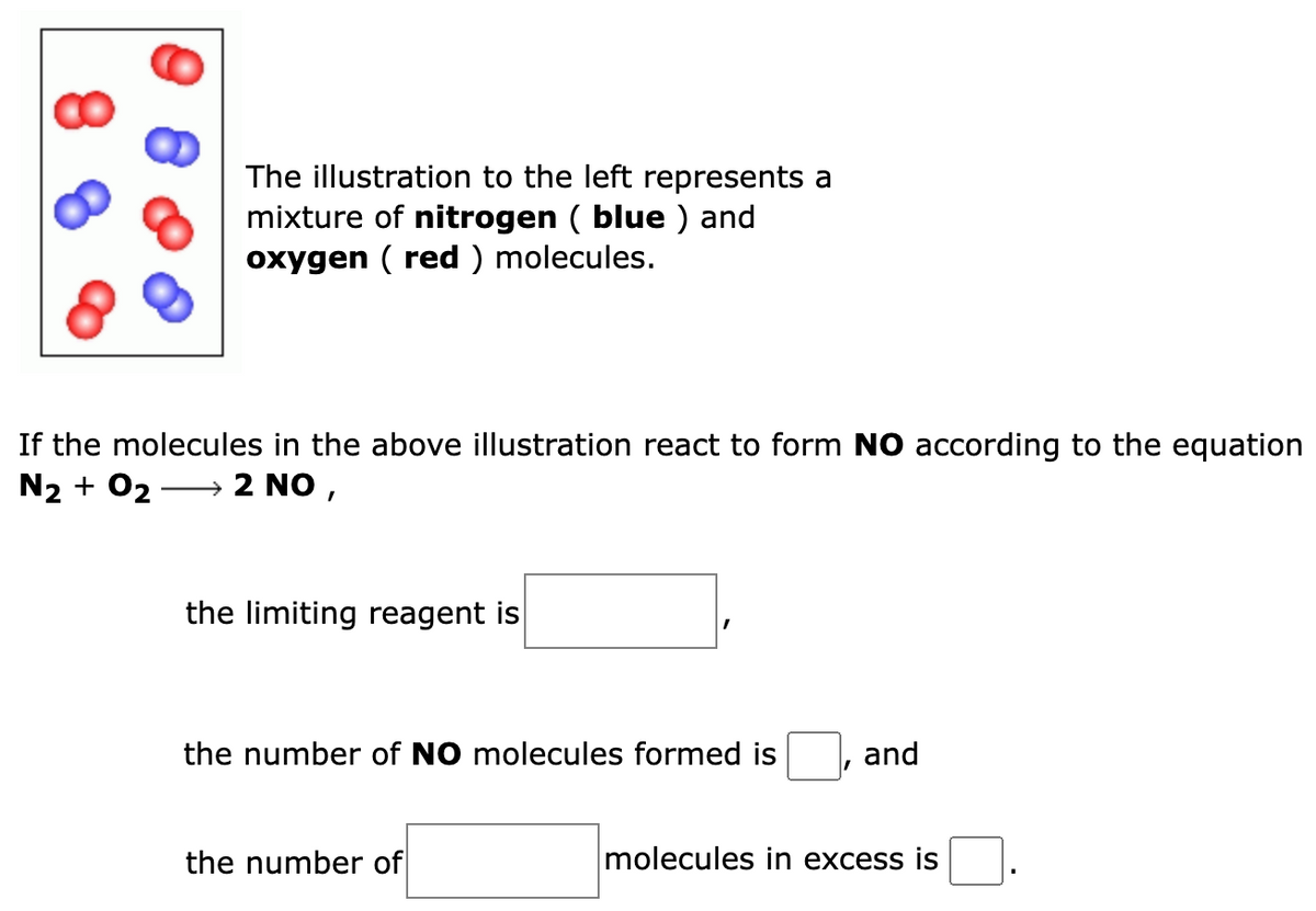 The illustration to the left represents a
mixture of nitrogen ( blue ) and
oxygen (red) molecules.
If the molecules in the above illustration react to form NO according to the equation
N2 + O₂ → 2 NO,
the limiting reagent is
I
the number of NO molecules formed is
the number of
and
molecules in excess is