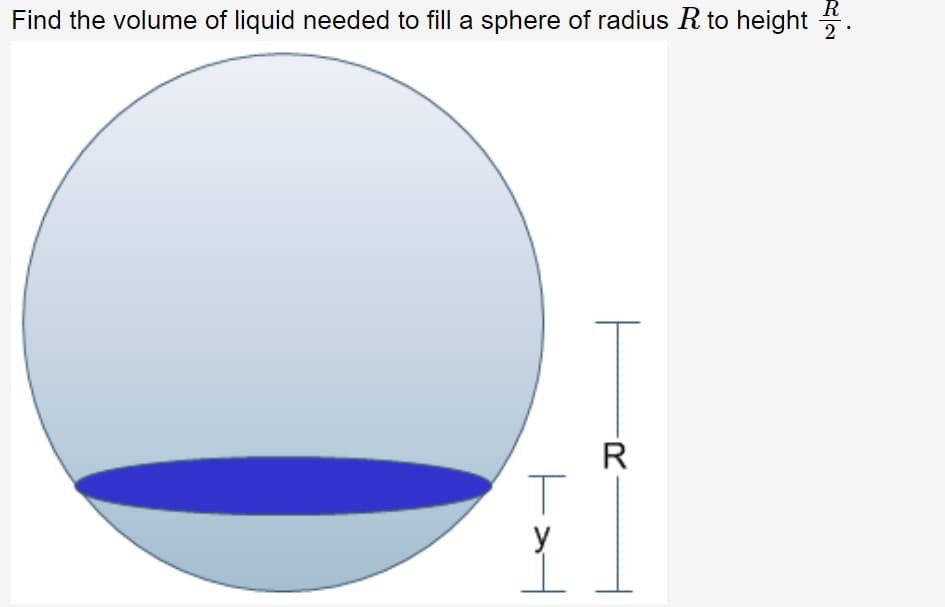 R
Find the volume of liquid needed to fill a sphere of radius R to height .
2
R
y
