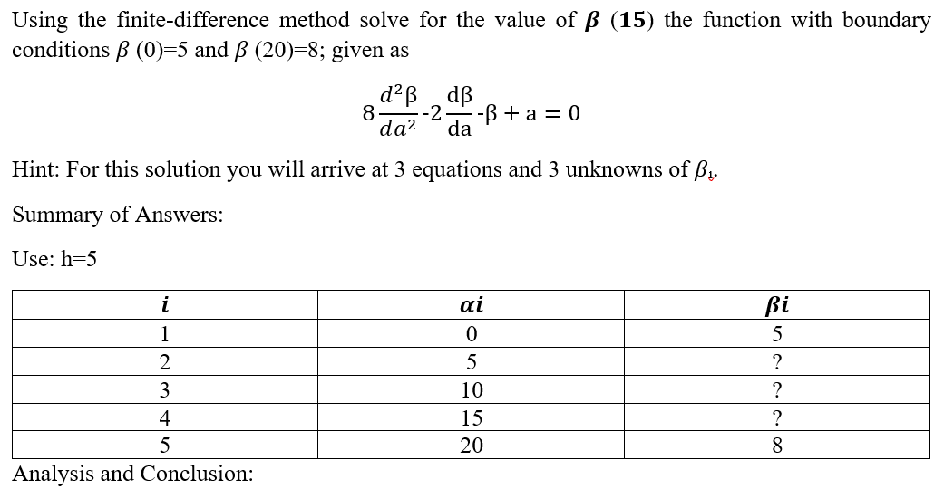 Using the finite-difference method solve for the value of ß (15) the function with boundary
conditions B (0)=5 and ß (20)=8; given as
d?ß dß
8
-2
da?
-ß + a = 0
da
Hint: For this solution you will arrive at 3 equations and 3 unknowns of ßị.
Summary of Answers:
Use: h=5
i
ai
ßi
1
5
2
5
?
3
10
4
15
?
5
20
8.
Analysis and Conclusion:
