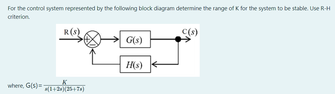 For the control system represented by the following block diagram determine the range of K for the system to be stable. Use R-H
criterion.
R(s)
C(s)
G(s)
H(s)
K
where, G(s)=
s(1+2s)(25+7s)
