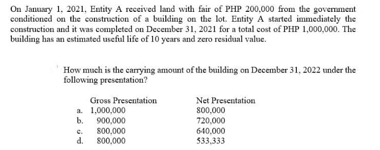 On January 1, 2021, Entity A received land with fair of PHP 200,000 from the government
conditioned on the construction of a building on the lot. Entity A started immediately the
construction and it was completed on December 31, 2021 for a total cost of PHP 1,000,000. The
building has an estimated useful life of 10 years and zero residual value.
How much is the carrying amount of the building on December 31, 2022 under the
following presentation?
Gross Presentation
Net Presentation
a. 1,000,000
800,000
b.
900,000
720,000
с.
800,000
640,000
d.
800,000
533,333

