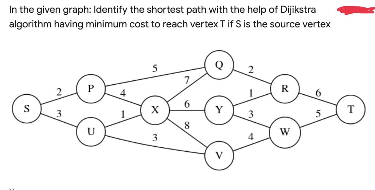 In the given graph: Identify the shortest path with the help of Dijikstra
algorithm having minimum cost to reach vertex T if S is the source vertex
5
Q
7
P
4
R
S
3
X
Y
3
5
T
U
8.
3
4
W
V
