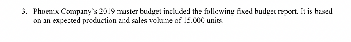 3. Phoenix Company's 2019 master budget included the following fixed budget report. It is based
on an expected production and sales volume of 15,000 units.
