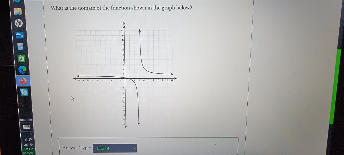 What is the domain of the function shown in the graph below?
画
O
Answer Type:
Interval
6:31 PM
10/7/2021
