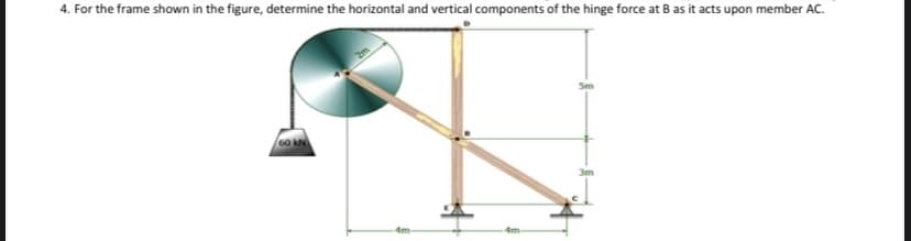 4. For the frame shown in the figure, determine the horizontal and vertical components of the hinge force at B as it acts upon member AC.
60 N
3m
4m
4m
