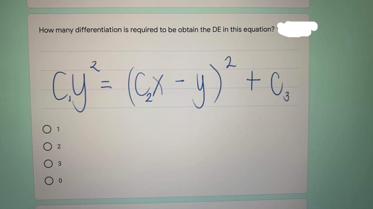 How many differentiation is required to be obtain the DE in this equation?
cy= (Gx-y)" +C,
2
(CX
2'
