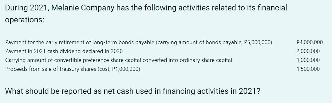 During 2021, Melanie Company has the following activities related to its financial
operations:
Payment for the early retirement of long-term bonds payable (carrying amount of bonds payable, P5,000,000)
P4,000,000
Payment in 2021 cash dividend declared in 2020
2,000,000
Carrying amount of convertible preference share capital converted into ordinary share capital
1,000,000
Proceeds from sale of treasury shares (cost, P1,000,000)
1,500,000
What should be reported as net cash used in financing activities in 2021?
