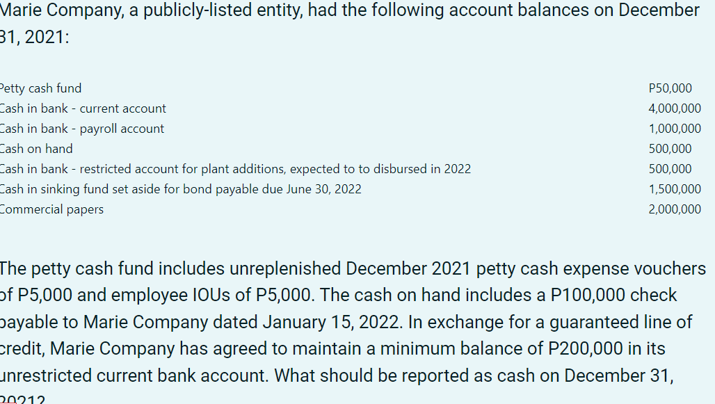 Marie Company, a publicly-listed entity, had the following account balances on December
31, 2021:
Petty cash fund
P50,000
Cash in bank - current account
4,000,000
Cash in bank - payroll account
1,000,000
Cash on hand
500,000
Cash in bank - restricted account for plant additions, expected to to disbursed in 2022
500,000
Cash in sinking fund set aside for bond payable due June 30, 2022
Commercial papers
1,500,000
2,000,000
The petty cash fund includes unreplenished December 2021 petty cash expense vouchers
of P5,000 and employee IOUS of P5,000. The cash on hand includes a P100,000 check
In exchange for a guaranteed line of
payable to Marie Company dated January 15, 2
credit, Marie Company has agreed to maintain a minimum balance of P200,000 in its
unrestricted current bank account. What should be reported as cash on December 31,
20212
