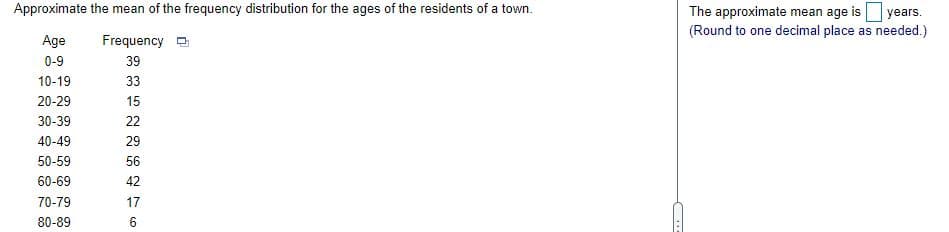 Approximate the mean of the frequency distribution for the ages of the residents of a town.
The approximate mean age is years.
(Round to one decimal place as needed.)
Age
Frequency a
0-9
39
10-19
33
20-29
15
30-39
22
40-49
29
50-59
56
60-69
42
70-79
17
80-89
6
