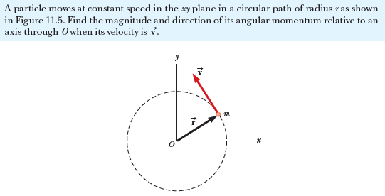 A particle moves at constant speed in the xy plane in a circular path of radius ras shown
in Figure 11.5. Find the magnitude and direction of its angular momentum relative to an
axis through Owhen its velocity is v.
