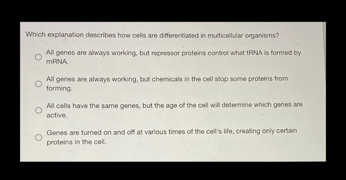Which explanation describes how cells are differentiated in multicellular organisms?
All genes are always working, but repressor proteins control what TRNA is formed by
MRNA.
All genes are always working, but chemicals in the cell stop some proteins from
forming.
All cells have the same genes, but the age of the cell will determine which genes are
active.
Genes are turned
and off at various times of the cell's life, creating only certain
proteins in the cell.
