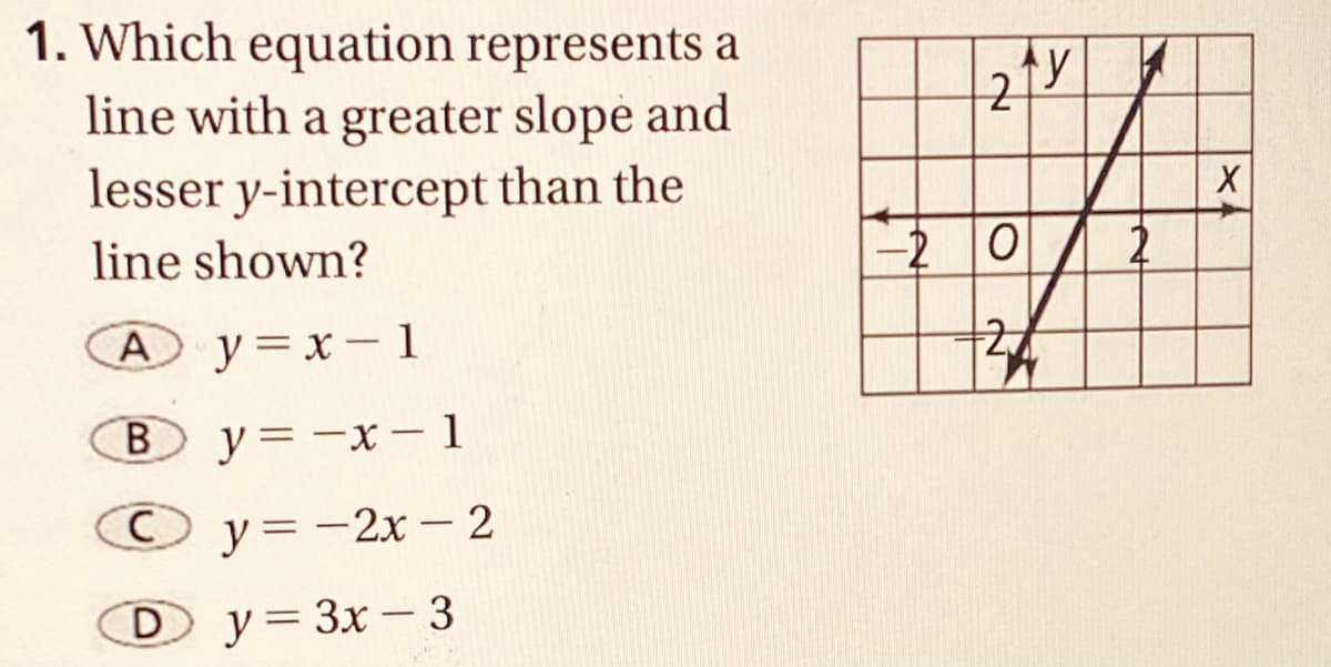 1. Which equation represents a
line with a greater slope and
lesser y-intercept than the
line shown?
2 0
A
y = x – 1
2
y = -x-1
O y=-2x - 2
D y= 3x – 3
-
