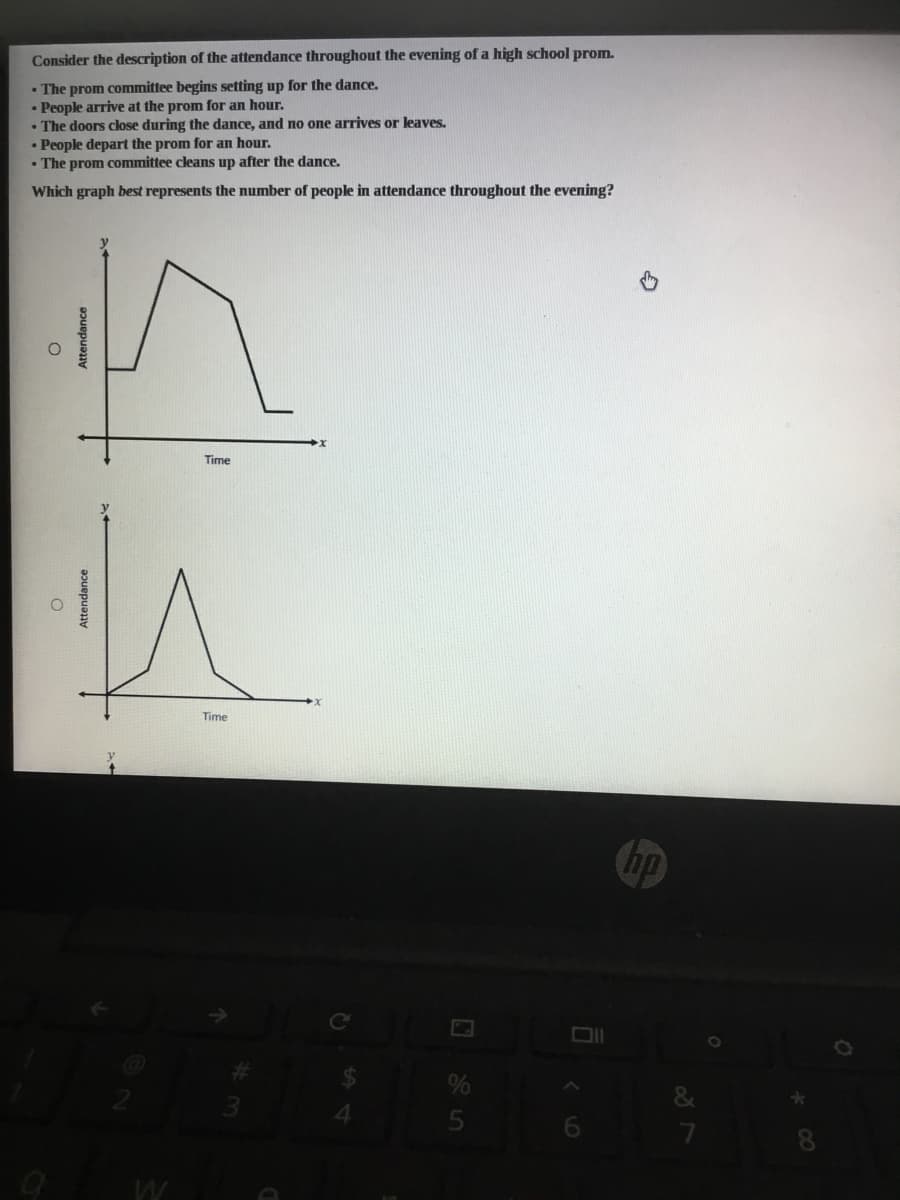 Consider the description of the attendance throughout the evening of a high school prom.
• The prom committee begins setting up for the dance.
• People arrive at the prom for an hour.
• The doors close during the dance, and no one arrives or leaves.
• People depart the prom for an hour.
• The prom committee cleans up after the dance.
Which graph best represents the number of people in attendance throughout the evening?
Time
Time
Chp
5
Attendance
Attendance
