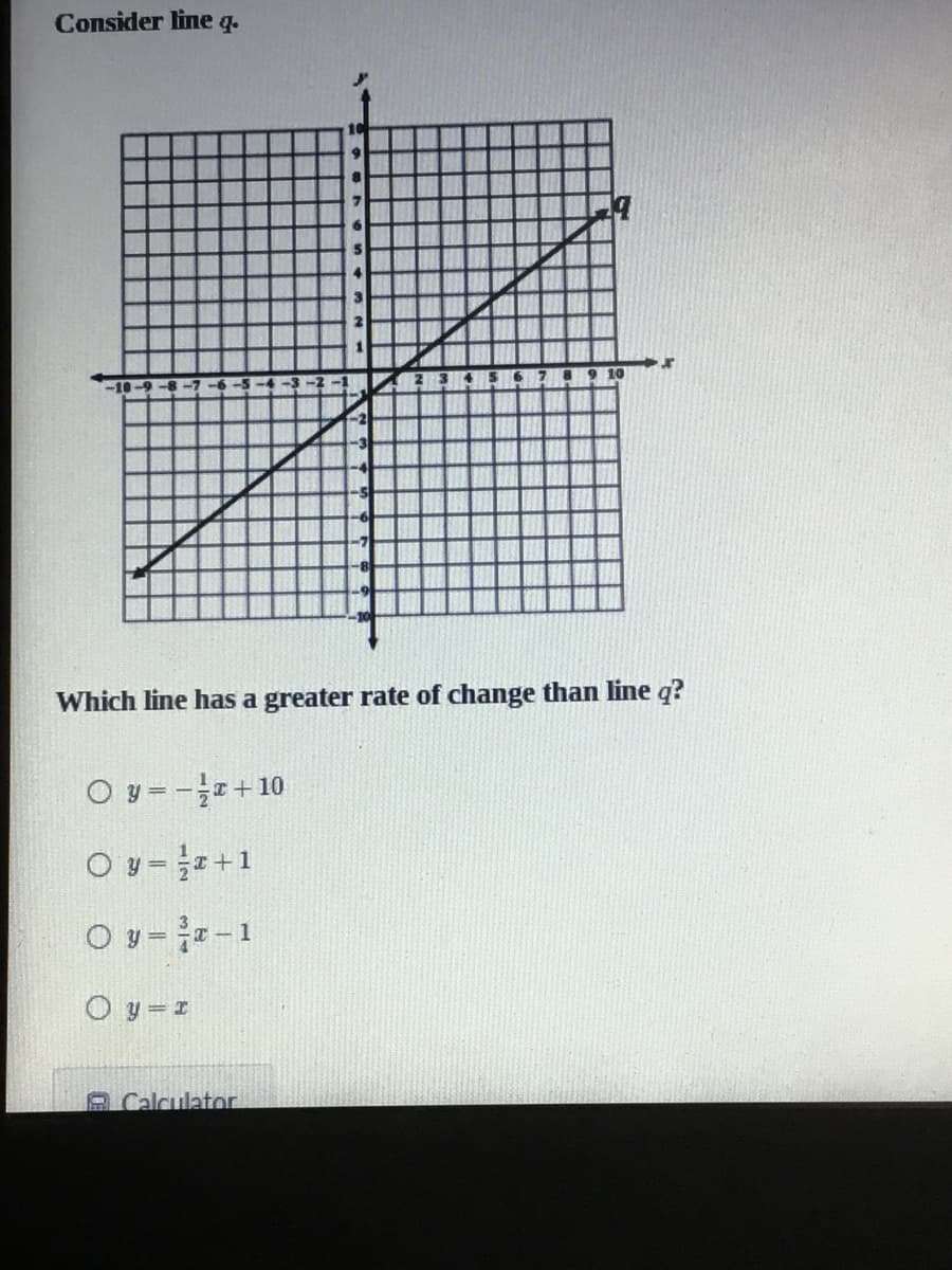 Consider line q.
5.
Which line has a greater rate of change than line q?
O y = -+10
O y = +1
O y =-1
O y = I
e Calculator

