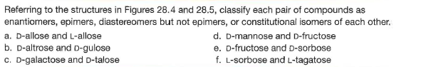 Referring to the structures in Figures 28.4 and 28.5, classify each pair of compounds as
enantiomers, epimers, diastereomers but not epimers, or constitutional isomers of each other.
a. D-allose and L-allose
d. D-mannose and D-fructose
b. D-altrose and D-gulose
c. D-galactose and D-talose
e. D-fructose and D-sorbose
f. L-sorbose and L-tagatose
