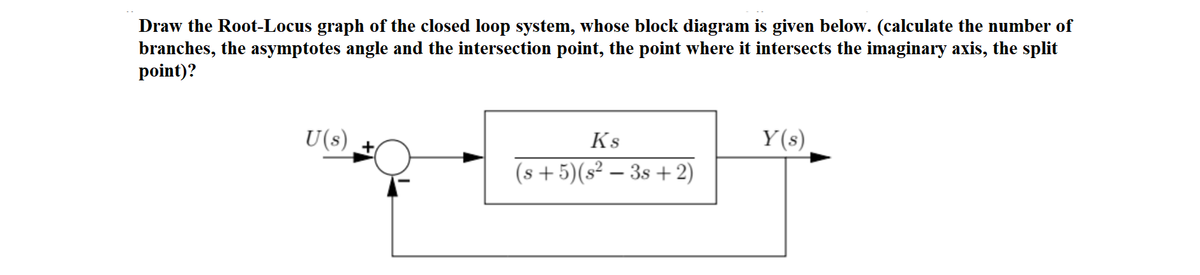 Draw the Root-Locus graph of the closed loop system, whose block diagram is given below. (calculate the number of
branches, the asymptotes angle and the intersection point, the point where it intersects the imaginary axis, the split
point)?
U(s)
Ks
Y (s)
(s+5)(s² – 3s + 2)
