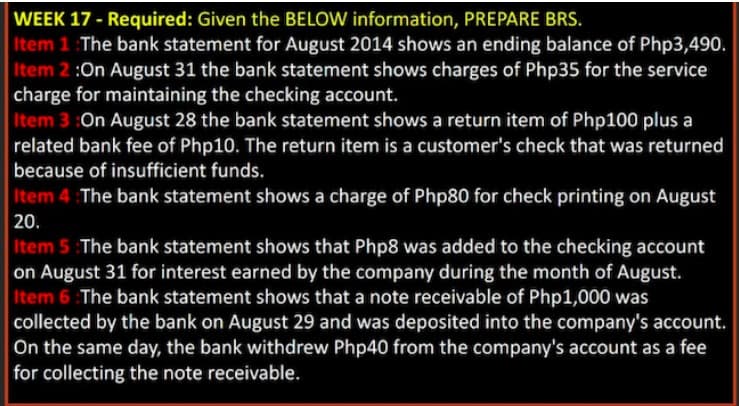 WEEK 17 - Required: Given the BELOW information, PREPARE BRS.
Item 1 The bank statement for August 2014 shows an ending balance of Php3,490.
Item 2:On August 31 the bank statement shows charges of Php35 for the service
charge for maintaining the checking account.
Item 3 :On August 28 the bank statement shows a return item of Php100 plus a
related bank fee of Php10. The return item is a customer's check that was returned
because of insufficient funds.
Item 4 :The bank statement shows a charge of Php80 for check printing on August
20.
Item 5 The bank statement shows that Php8 was added to the checking account
on August 31 for interest earned by the company during the month of August.
Item 6 :The bank statement shows that a note receivable of Php1,000 was
collected by the bank on August 29 and was deposited into the company's account.
On the same day, the bank withdrew Php40 from the company's account as a fee
for collecting the note receivable.
