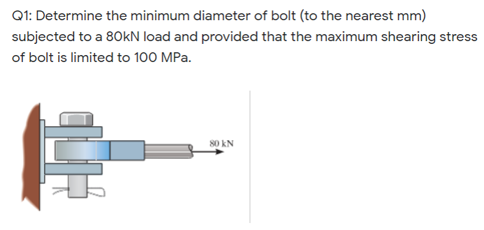 Q1: Determine the minimum diameter of bolt (to the nearest mm)
subjected to a 80kN load and provided that the maximum shearing stress
of bolt is limited to 100 MPa.
80 kN
