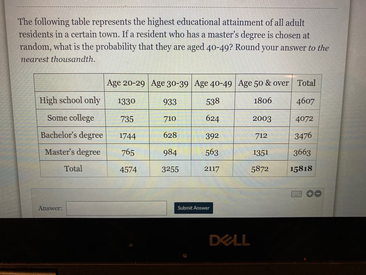 The following table represents the highest educational attainment of all adult
residents in a certain town. If a resident who has a master's degree is chosen at
random, what is the probability that they are aged 40-49? Round your answer to the
nearest thousandth.
Age 20-29 Age 30-39 Age 40-49 Age 50 & over Total
High school only
1330
933
538
1806
4607
Some college
735
710
624
2003
4072
Bachelor's degree
1744
628
392
712
3476
Master's degree
765
984
563
1351
3663
Total
4574
3255
2117
5872
15818
Answer:
Submit Answer
DELL
