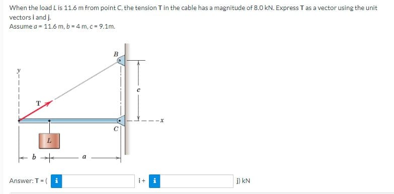 When the load L is 11.6 m from point C, the tension T in the cable has a magnitude of 8.0 kN. Express T as a vector using the unit
vectors i and j.
Assume a = 11.6 m, b = 4 m, c = 9.1m.
L
+9
Answer: T = (
M.
B
i+ i
j) KN