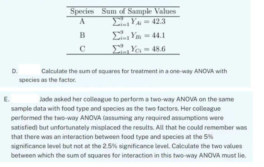 E.
D.
Species Sum of Sample Values
A
Σi Yai = 42.3
B
C
Σi-1 YBi = 44.1
ΣΥΒ
Yci = 48.6
Calculate the sum of squares for treatment in a one-way ANOVA with
species as the factor.
Jade asked her colleague to perform a two-way ANOVA on the same
sample data with food type and species as the two factors. Her colleague
performed the two-way ANOVA (assuming any required assumptions were
satisfied) but unfortunately misplaced the results. All that he could remember was
that there was an interaction between food type and species at the 5%
significance level but not at the 2.5% significance level. Calculate the two values
between which the sum of squares for interaction in this two-way ANOVA must lie.