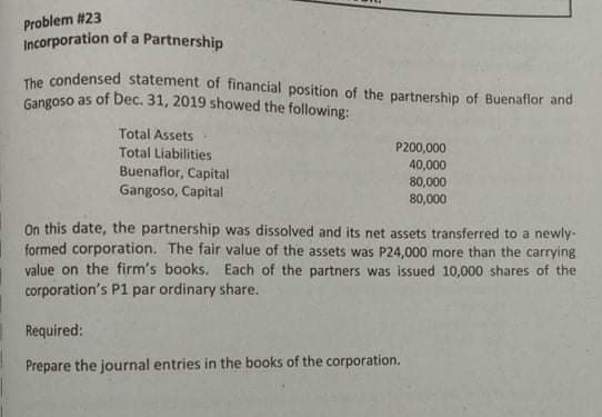 Problem #23
Incorporation of a Partnership
The condensed statement of financial position of the partnership of Buenaflor and
Gangoso as of Dec. 31, 2019 showed the following:
Total Assets
Total Liabilities
Buenaflor, Capital
Gangoso, Capital
P200,000
40,000
80,000
80,000
On this date, the partnership was dissolved and its net assets transferred to a newly-
formed corporation. The fair value of the assets was P24,000 more than the carrying
value on the firm's books. Each of the partners was issued 10,000 shares of the
corporation's P1 par ordinary share.
Required:
Prepare the journal entries in the books of the corporation.
