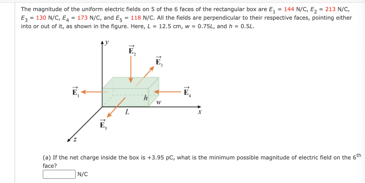 The magnitude of the uniform electric fields on 5 of the 6 faces of the rectangular box are E₁
E3 130 N/C, E4 173 N/C, and E5 = 118 N/C. All the fields are perpendicular to their respective faces, pointing either
=
into or out of it, as shown in the figure. Here, L
=
12.5 cm, w = 0.75L, and h = 0.5L.
E₁
E₁
N/C
L
h
W
E₁
= 144 N/C, E₂ = 213 N/C,
X
(a) If the net charge inside the box is +3.95 pC, what is the minimum possible magnitude of electric field on the 6th
face?