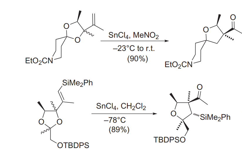 EtO₂CN-
O
SiMe₂Ph
OTBDPS
SnCl4, MeNO2
-23°C to r.t.
(90%)
SnCl4, CH₂Cl2
-78°C
(89%)
EtO₂CN
TBDPSO
O
"SiMe₂Ph