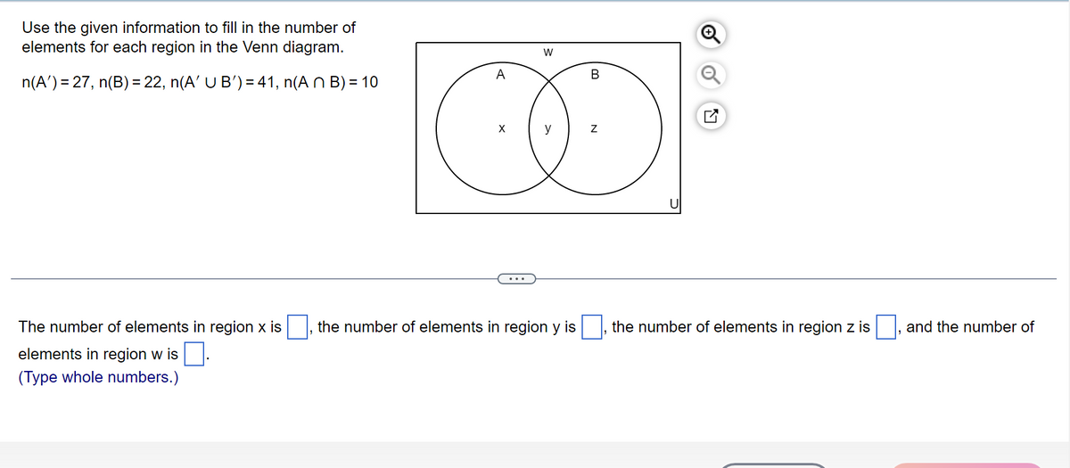 Use the given information to fill in the number of
elements for each region in the Venn diagram.
n(A') = 27, n(B) = 22, n(A' U B') = 41, n(An B) = 10
A
X
W
y
The number of elements in region x is the number of elements in region y is
elements in region w is.
(Type whole numbers.)
B
Z
the number of elements in region z is
and the number of