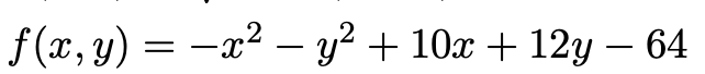 f(x, y) = −x² — y² + 10x + 12y − 64