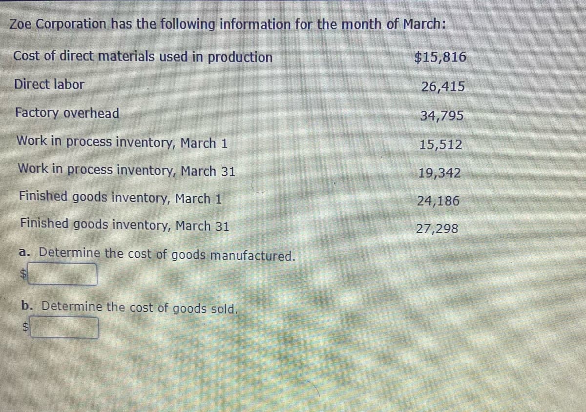 Zoe Corporation has the following information for the month of March:
Cost of direct materials used in production
$15,816
Direct labor
26,415
Factory overhead
34,795
Work in process inventory, March 1
15,512
Work in process inventory, March 31
19,342
Finished goods inventory, March 1
24,186
Finished goods inventory, March 31
27,298
a. Determine the cost of goods manufactured.
b. Determine the cost of goods sold.
